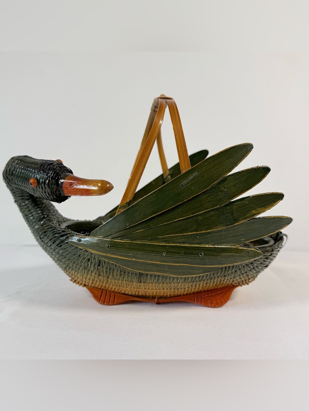 Vintage Zhejiang Wicker Rattan Goose Swan Duck Basket Green Wooden Cottagecore
